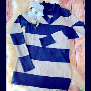 Striped V-Neck Sweater - Blue and Beige